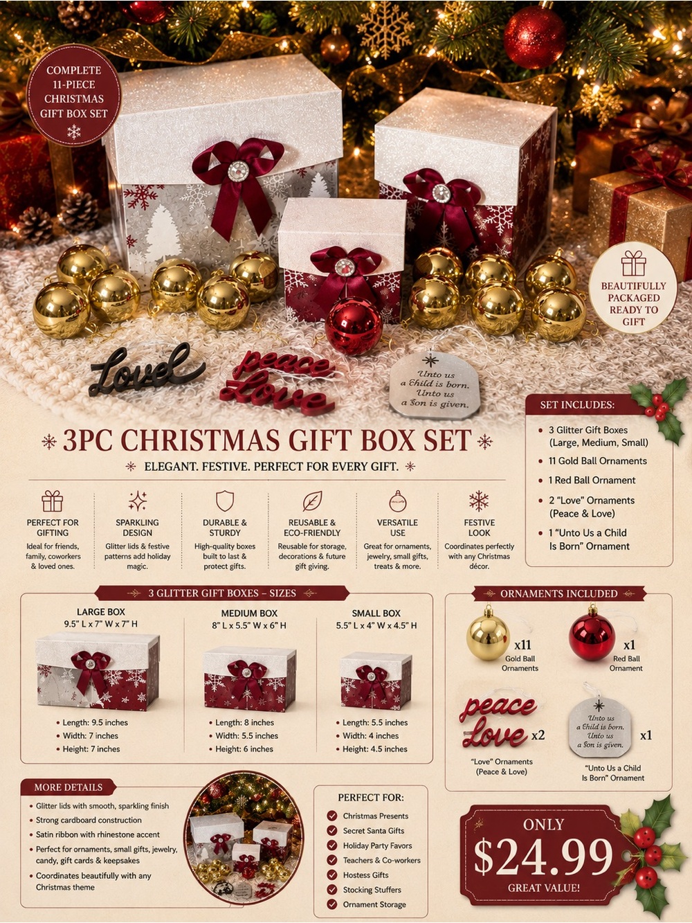 18pcs Christmas Gift Box set.3Boxes,12ball,2love &1silver ointments.